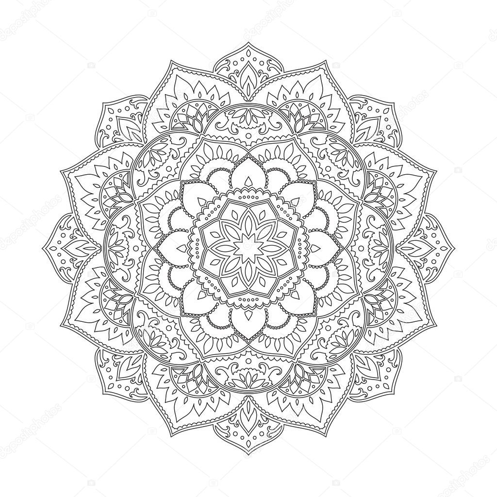 Floral mandala design. Ethnic round pattern. Vector design for coloring book. Decorative mandala background. Black line mandala isolated on white.