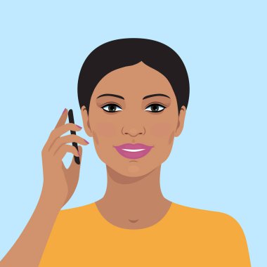 Mobil telefonda konuşurken çekici Hintli kadın portresi. Güzel kadın vektör Illustration. Düz tasarım. Kadın yüzü gülen sevimli avatar portresi.