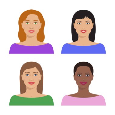 Vektör avatar simge seti. Uluslararası Portreler. Kadın avatarları kümesi. Kadınlar farklı milletin. Kadınlar, kızlar çeşitli saç modeli ile. Vektör düz çizim.