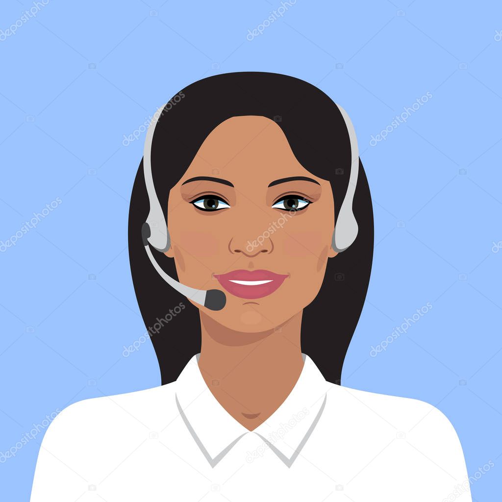 Vector illustration of cheerful support phone or call-center operator in headsets. Vector business flat illustration. Indian business woman. Avatar portrait of on line operator. Flat avatar.