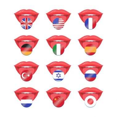 Vektör büyüleri ile farklı ülkelerin rozetleri set. Kutsal kişilerin resmi ile uluslararası bayrakları. 