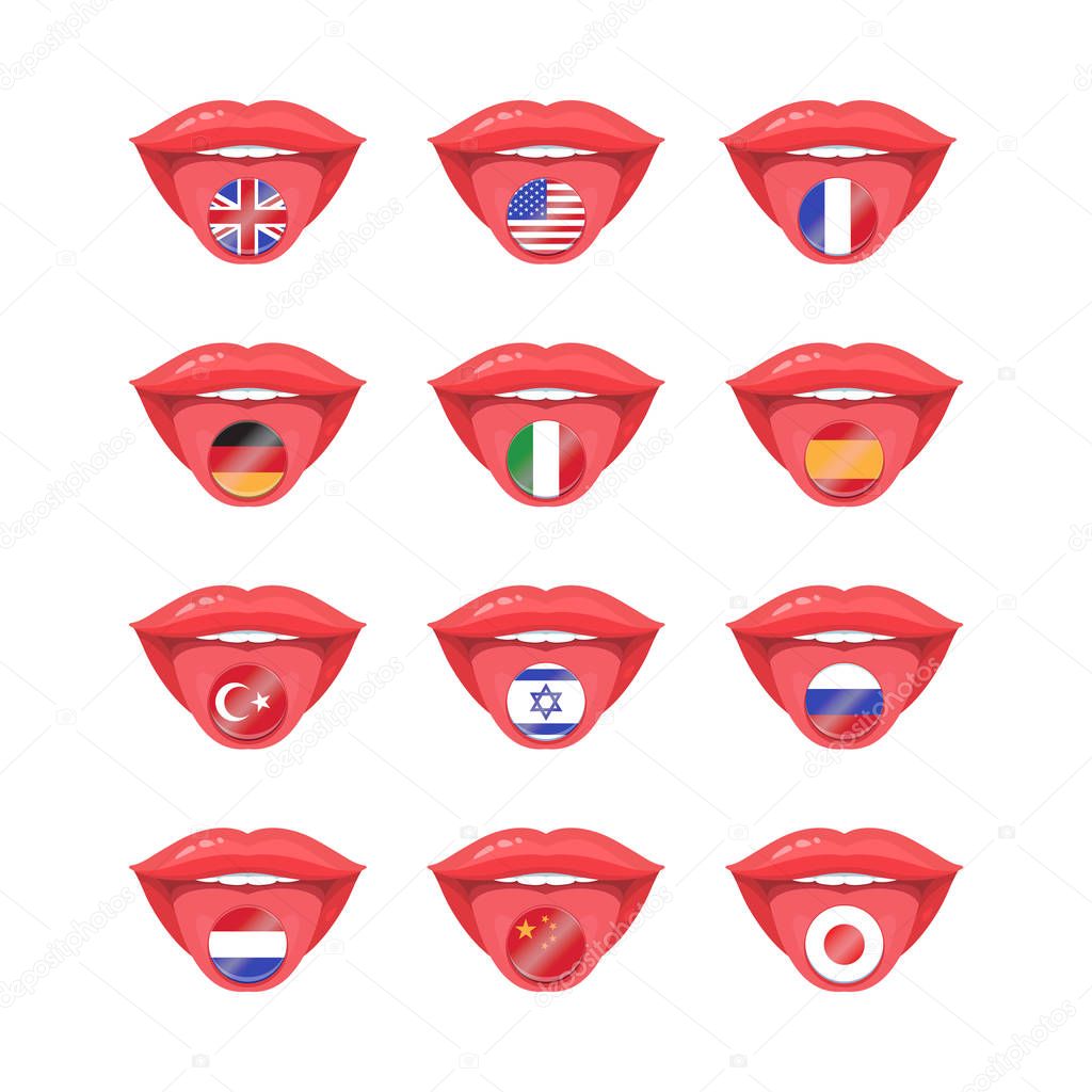 Set of of vector tongues with badges of different countries. Icons with international flags.