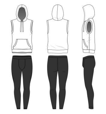 Boş giyim şablonları. Kolsuz hoody ve koşu pantolon vektör Illustration. Beyaz arka plan üzerinde izole.