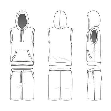 Boş giyim şablonları. Vektör çizim kolsuz hoody ve şort. Beyaz arka plan üzerinde izole.