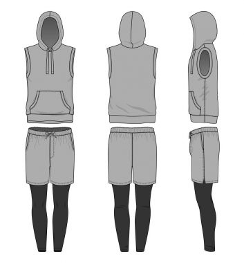 Boş giyim şablonları. Kolsuz hoody, şort ve koşu vektör çizim pantolon. Beyaz arka plan üzerinde izole.