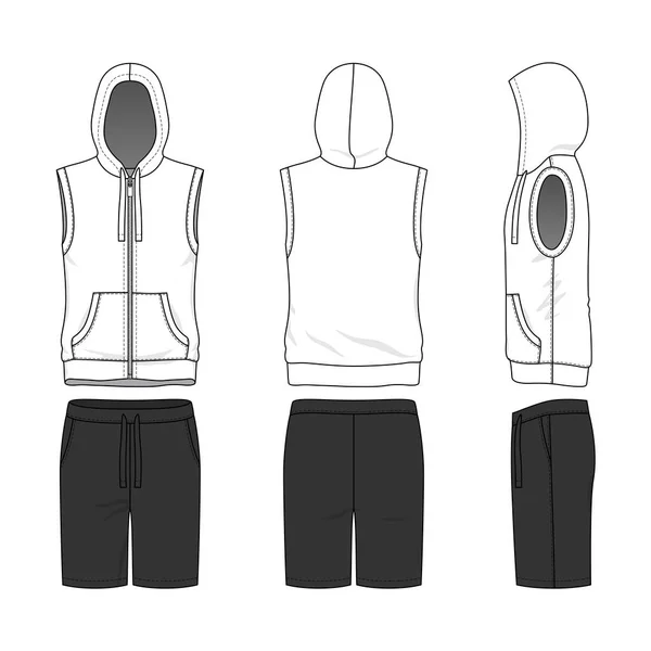 Blank Clothing Templates Vector Illustration Sleeveless Hoody Shorts Isolated White — Stock Vector