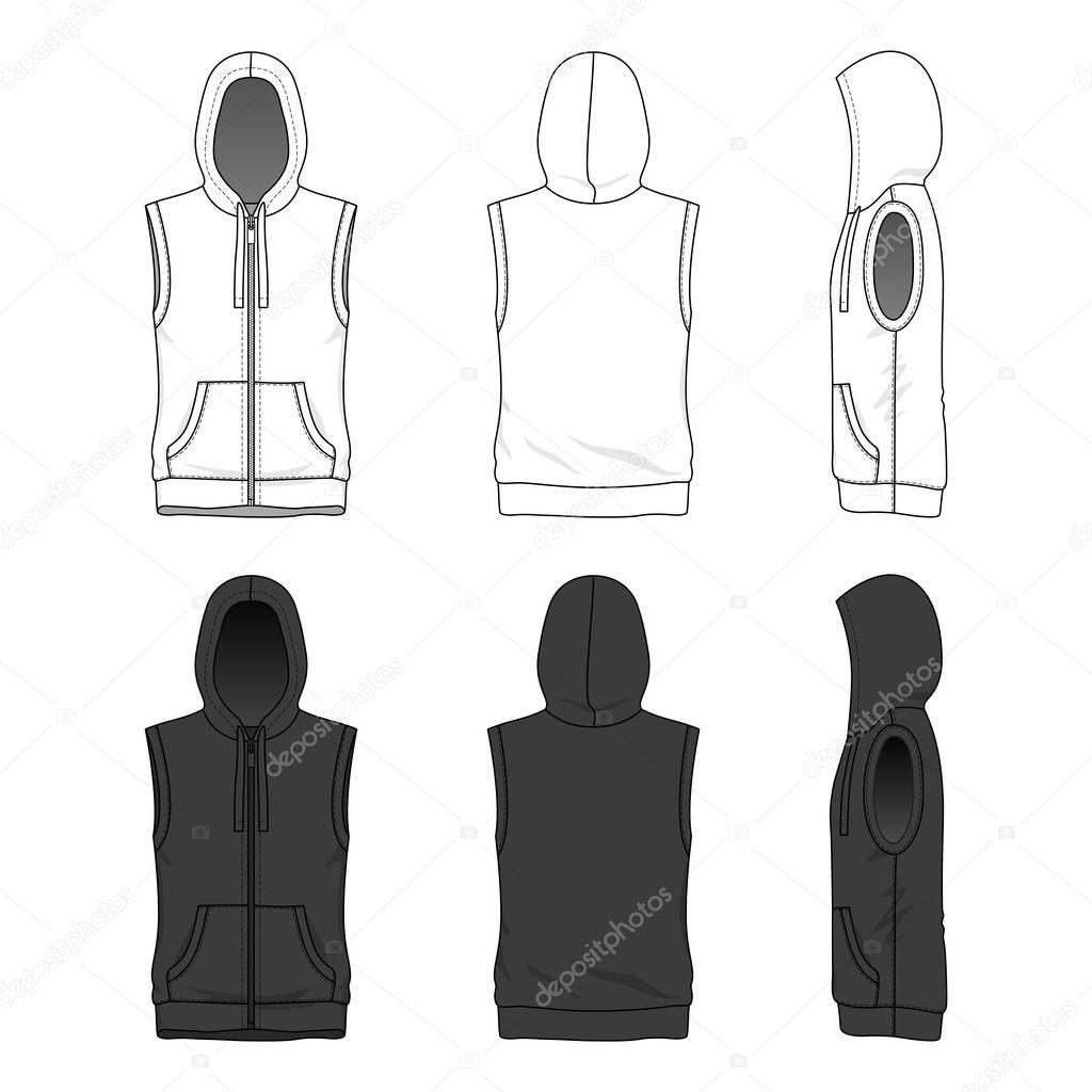 Blank clothing templates. Vector illustration of sleeveless hoody with zipper. Isolated on white background.