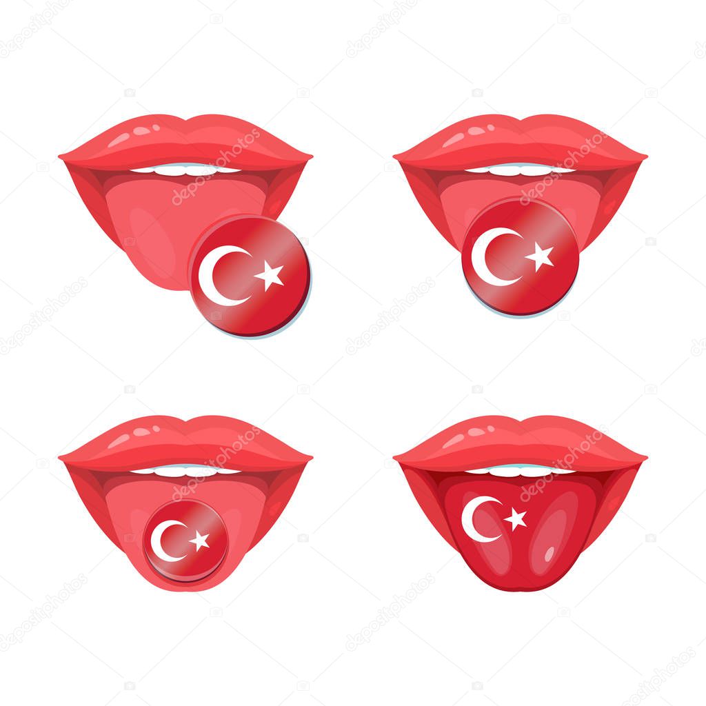Set of of vector tongues with turkish flags. Vector flag badges. 