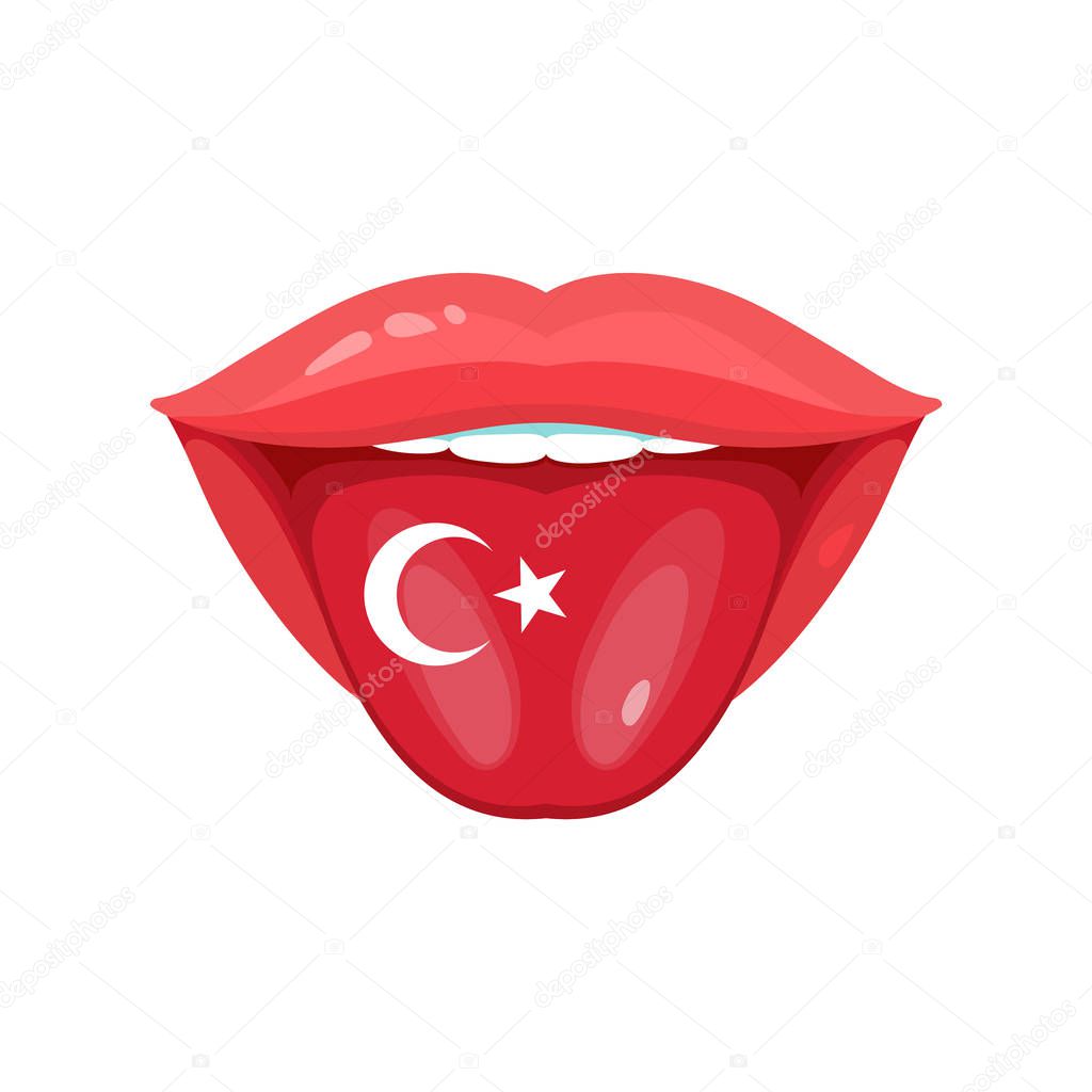 Vector illustration of the tongue with turkish flags. Vector flag badges. 