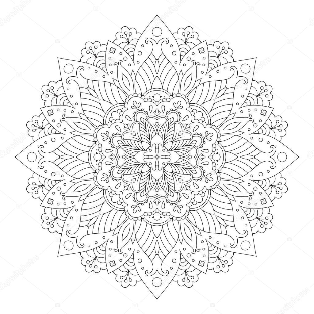 Floral mandala design. Ethnic round pattern. Vector design for coloring book. Decorative mandala background. Black line mandala isolated on white.