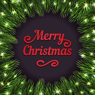 Köknar ağacı dekor ve twinkle kar taneleri siyah arka plan üzerine. Noel ve yeni yıl için vektör zemin. Çamın dalları ile zarif çerçeve. Mutlu tatil illüstrasyon.