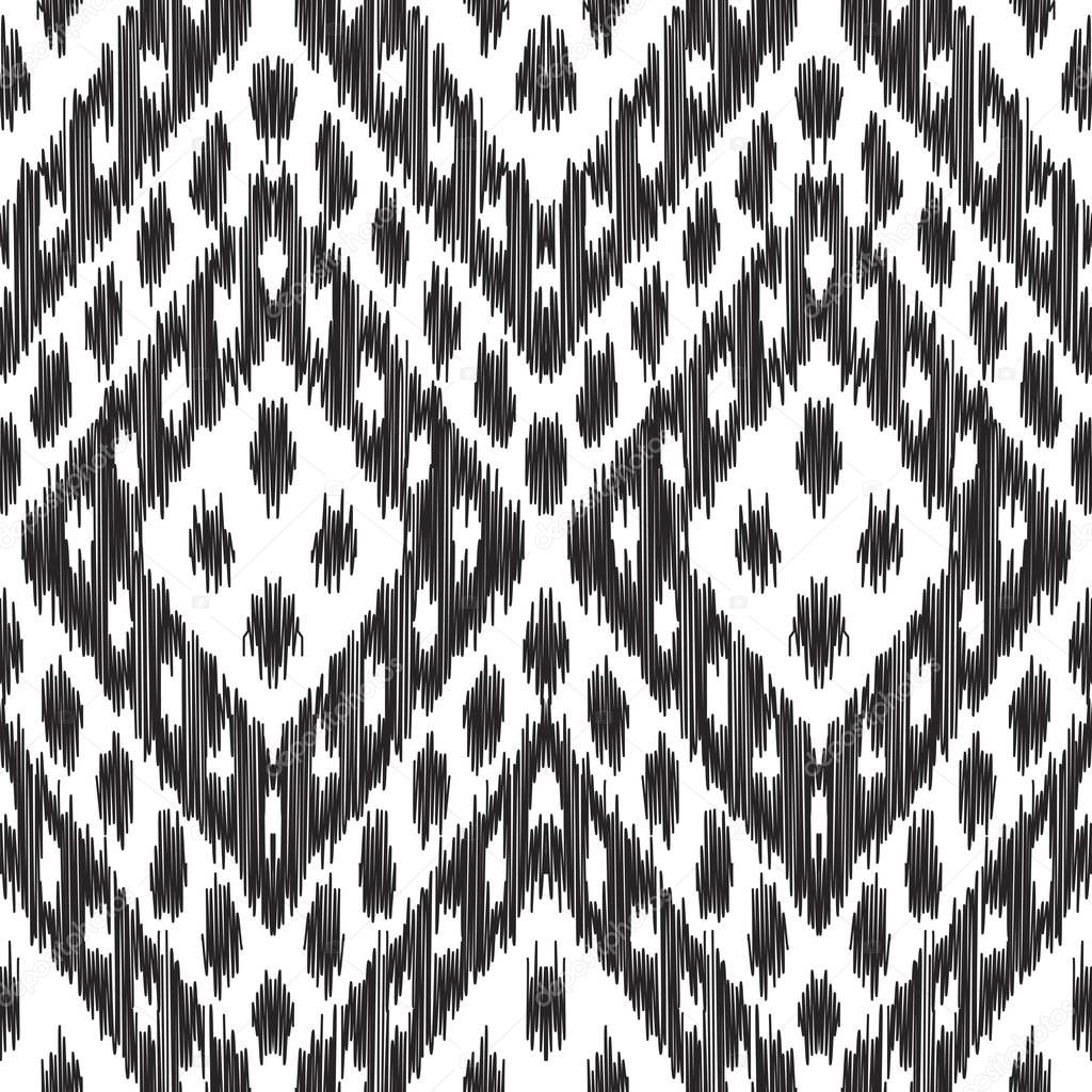 Abstract background. Black and white Ikat seamless pattern for textile, wallpaper, card or wrapping paper.