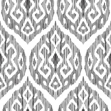 Ikat seamless modeli Şam, oryantal, Hint, marrocan tarzı içinde. Vektör arka plan. Siyah ve beyaz doku grafik. Moda Tekstil için etnik tasarım, duvar kağıtları, kartları veya kaydırma belgeleri yazdırır.