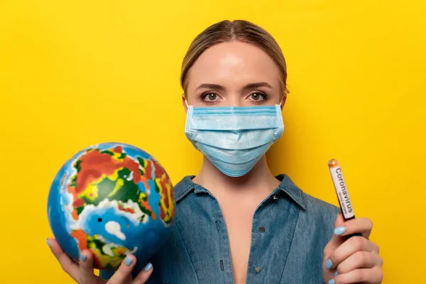 Young Woman Medical Mask Holding Test Tube Coronavirus Blood Sample — Stock Photo, Image