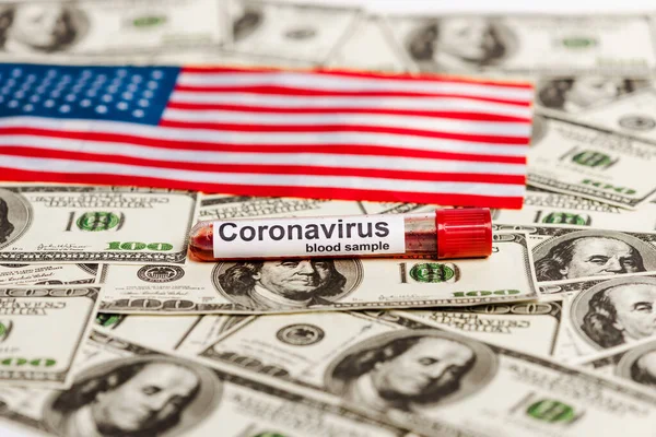 Bandera Americana Coronavirus Muestra Sangre Billetes Dólar Concepto Crisis Económica — Foto de Stock