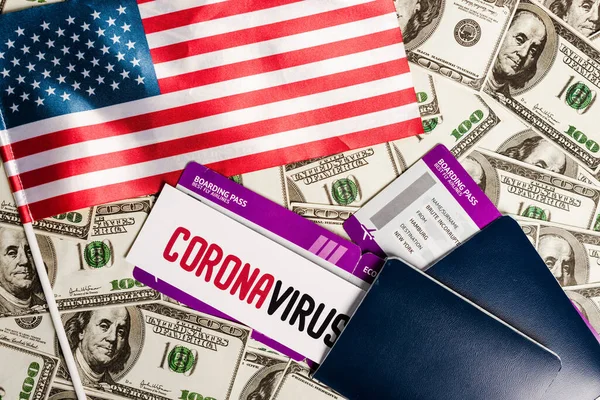 Top View American Flag Passports Air Tickets Dollar Banknotes Coronavirus — Stock Photo, Image