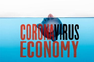 piggy bank going under blue water isolated on white, coronavirus economy illustration clipart