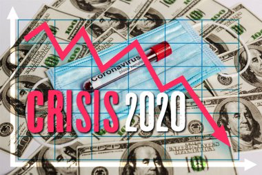 Dolar banknotları, tıbbi maske ve beyaz arka planda Coronavirus kan örneği, kriz 2020 illüstrasyon