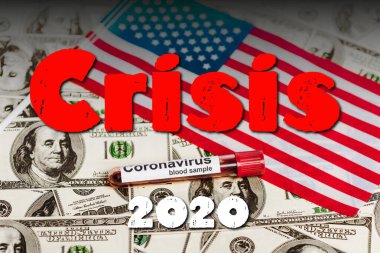 american flag and coronavirus blood sample on dollar banknotes, crisis 2020 illustration clipart