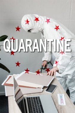 person in white hazmat suit, respirator and goggles disinfecting workplace in office, quarantine illustration clipart