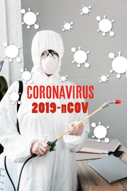 person in white hazmat suit, respirator and goggles disinfecting workplace in office, coronavirus illustration clipart