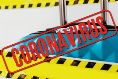 close up view of blue suitcase with blood sample in yellow and black hazard warning safety tape isolated on white, coronavirus illustration clipart