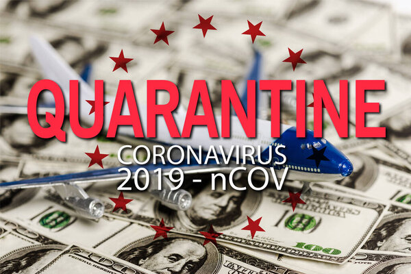 selective focus of plane model on dollar banknotes, coronavirus quarantine illustration