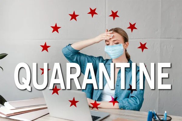 Woman Medical Mask Touching Forehead While Working Laptop Office Quarantine — Stock Photo, Image