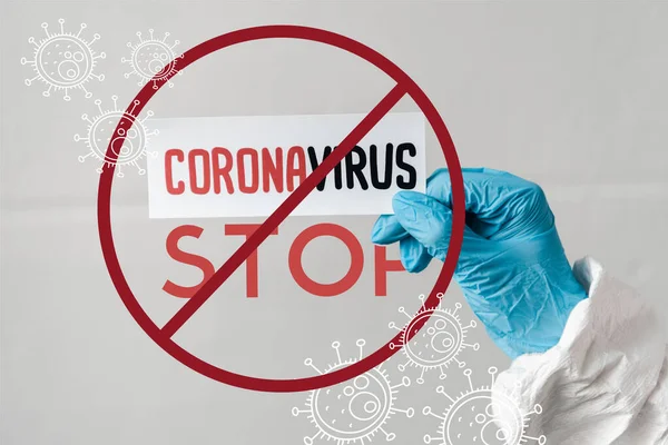 Cropped View Person Latex Glove Holding Coronavirus Card Stop Illustration — Stock Photo, Image