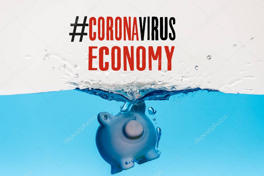 piggy bank going under blue water with splash isolated on white, coronavirus economy illustration