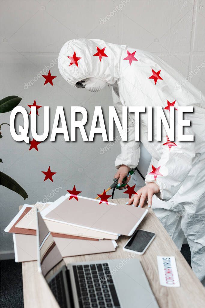 person in white hazmat suit, respirator and goggles disinfecting workplace in office, quarantine illustration