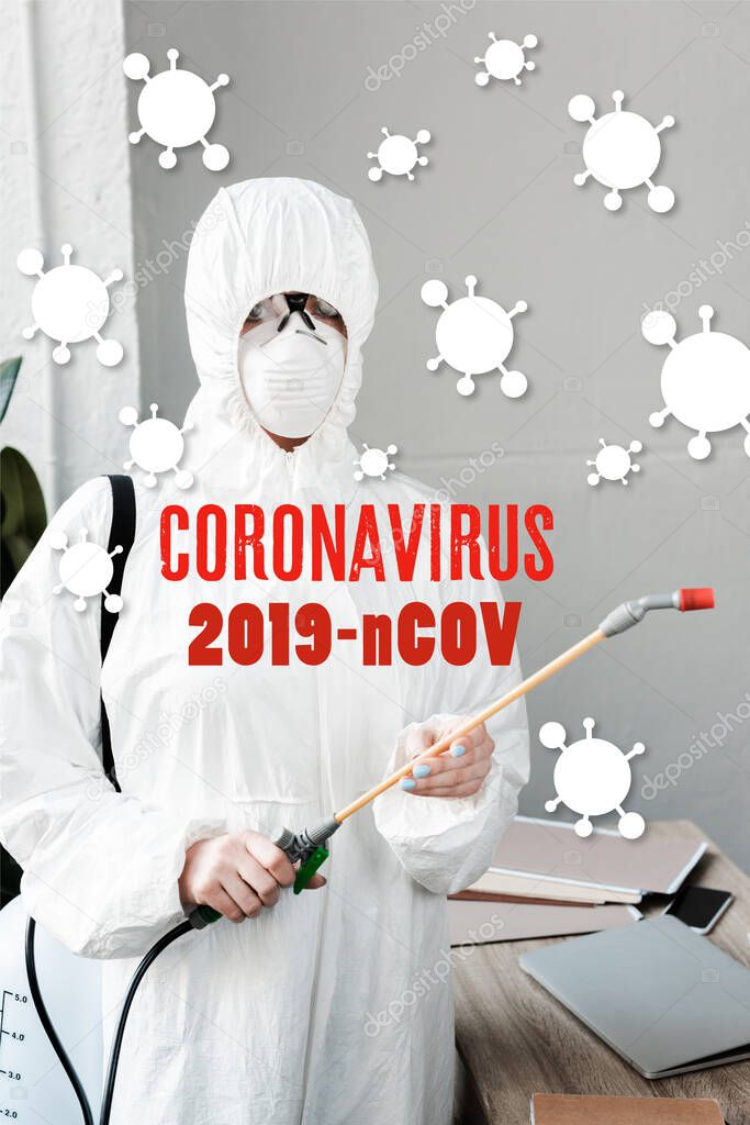 person in white hazmat suit, respirator and goggles disinfecting workplace in office, coronavirus illustration