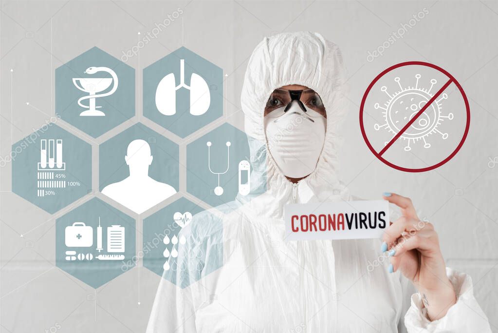 person in white hazmat suit, respirator and goggles holding card with coronavirus lettering