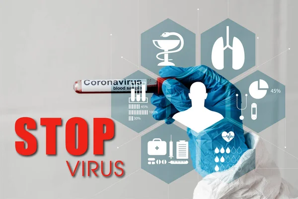 Cropped view of person in latex glove holding coronavirus blood sample, stop virus illustration — Stock Photo