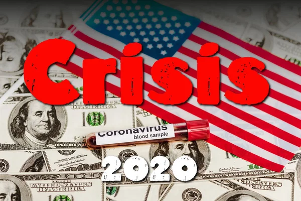 Muestra de sangre de bandera americana y coronavirus en billetes de dólar, crisis 2020 ilustración - foto de stock