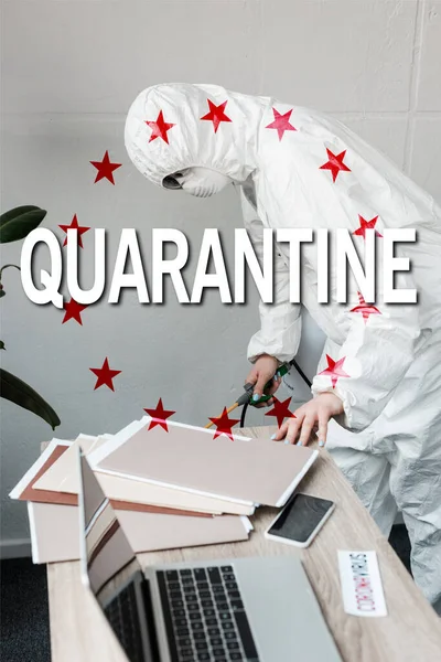 Person in white hazmat suit, respirator and goggles disinfecting workplace in office, quarantine illustration — Stock Photo
