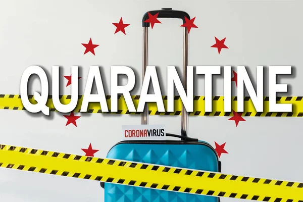 Blue suitcase with coronavirus card in yellow and black hazard warning safety tape isolated on white, quarantine illustration — Stock Photo
