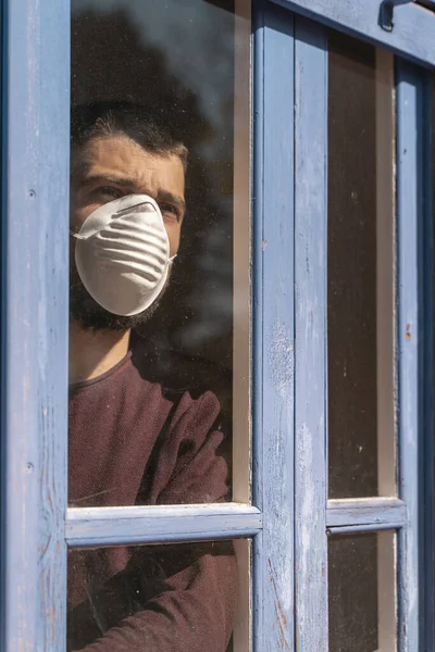 Coronavirus Sick Man Corona Virus Looking Window Wearing Mask Protection — Stock Photo, Image