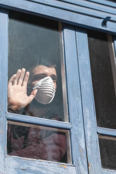 Coronavirus Sick Man Corona Virus Looking Window Wearing Mask Protection — Stock Photo, Image