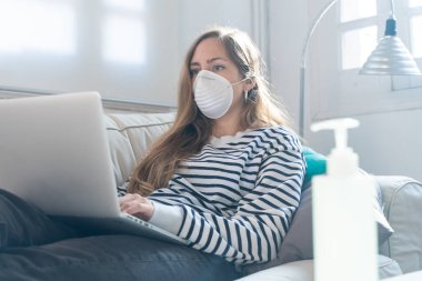Coronavirus. Evde koruyucu maske takan bir kadın. Koronavirüs yüzünden karantinaya alınan kadın ellerini dezenfektan jeliyle temizliyor. Evden çalışıyorum. Ellerini dezenfektan jeliyle temizle.. 