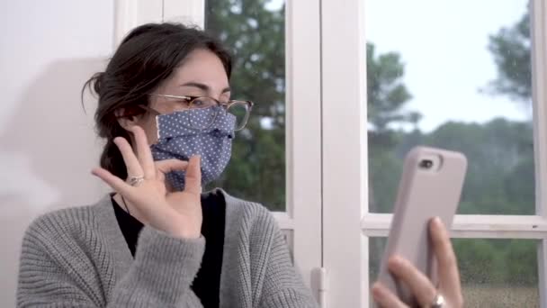 コロナウイルス 彼女は保護マスクを着用したコロナウイルスの隔離中の女性で自宅から仕事をしてるソファで携帯電話を使ってる ビデオ通話 携帯電話とのビデオ会議 — ストック動画