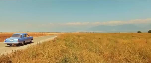 Vista superior de un coche monta a lo largo de un camino del desierto — Vídeo de stock