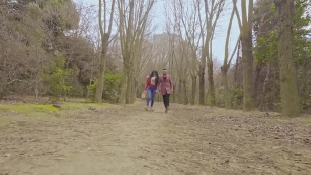 Счастливая влюбленная пара гуляет по парку и обнимает романтическую пару на свежем воздухе — стоковое видео