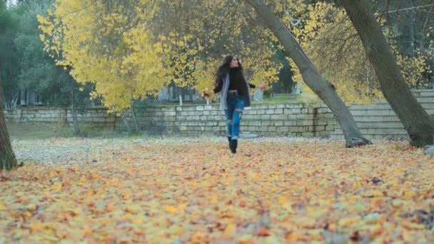 Chica corre a través de otoño hoja caída, lanza hojas, remolinos, se regocija, ella es feliz — Vídeo de stock