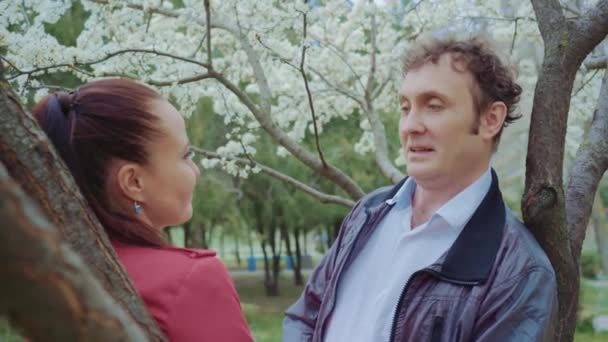 Middle-aged couple talking in the park,white flowering under the tree,they held hands,clouse up — Stock Video