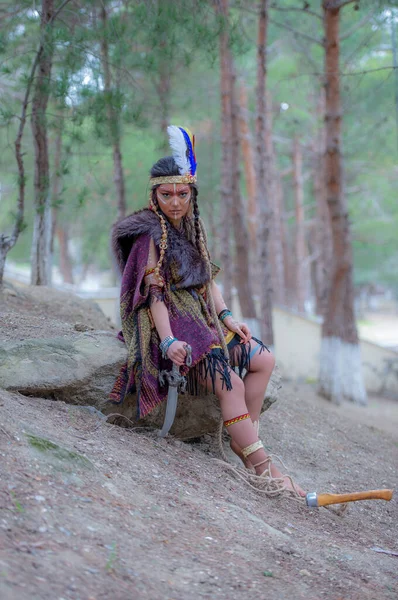 Native American Indian Woman Portrait Outdoors Portrait Shamanic Female Indian — Stock Photo, Image