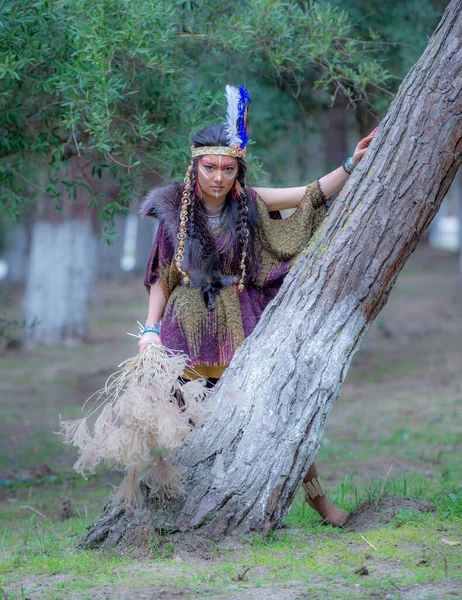 Native American Indian Woman Portrait Outdoors Portrait Shamanic Female Indian — Stock Photo, Image