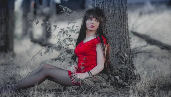 Şık Kırmızı Parti Elbisesi Içinde Ağaçlarla Çevrili Ormanda Poz Veren — Stok fotoğraf