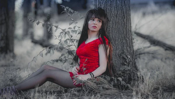 Increíble Mujer Lujo Vestido Fiesta Rojo Elegante Posando Aire Libre — Foto de Stock