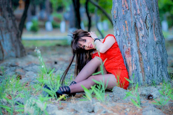 Amazing Luxury Woman Stylish Red Party Dress Posing Outdoor Forest — стоковое фото